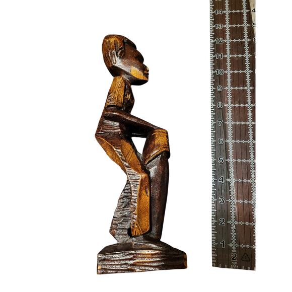 Hand-carved Wooden African Tribal statue of Man Playing a Tall Drum Vintage - Picture 2 of 10